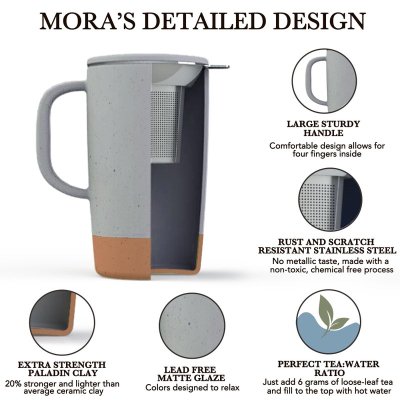 Mora Ceramics Large Tea Mug with Loose Leaf Infuser and Ceramic Lid, 18 oz, Portable, Microwave and Dishwasher Safe, Tall Coffee Cup - Rustic Matte Ceramic Glaze, Modern Herbal Tea Strainer, Sleet - Image 2